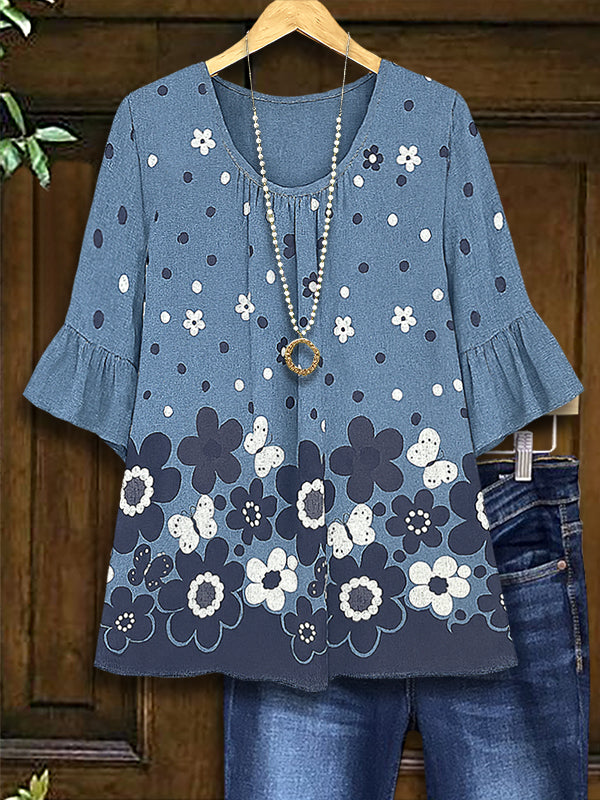 Denim Daisy Ruffled Sleeve Top