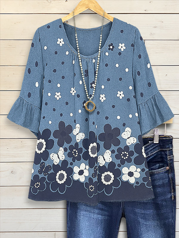 Denim Daisy Ruffled Sleeve Top