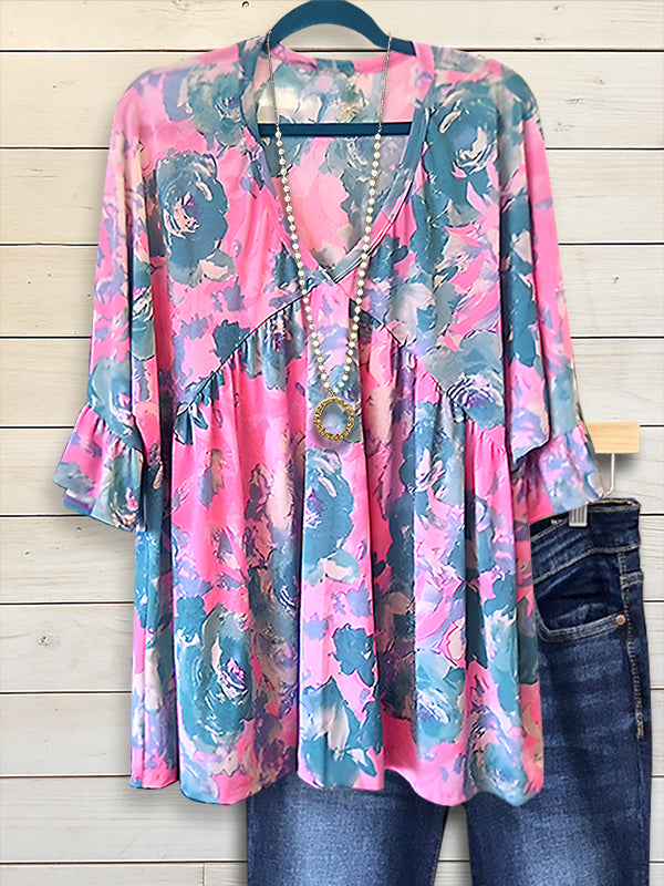 Watercolor Floral Ruffle Blouse