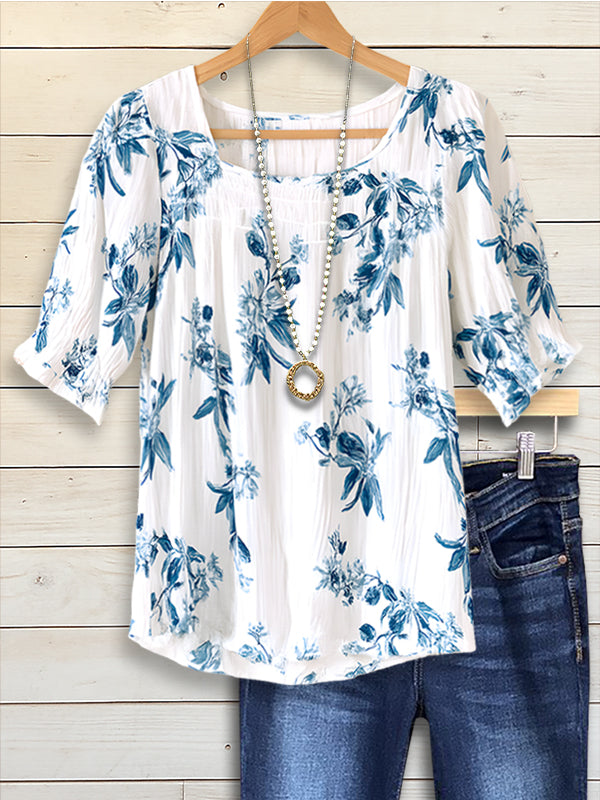 Square Neck Puff Sleeve Floral Blouse