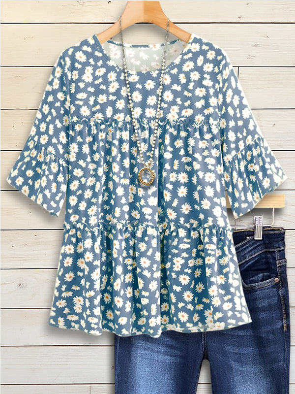 Daisy Print Tiered Peplum Blouse