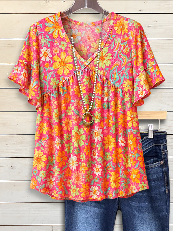 Vibrant Floral Ruffle Sleeve Blouse
