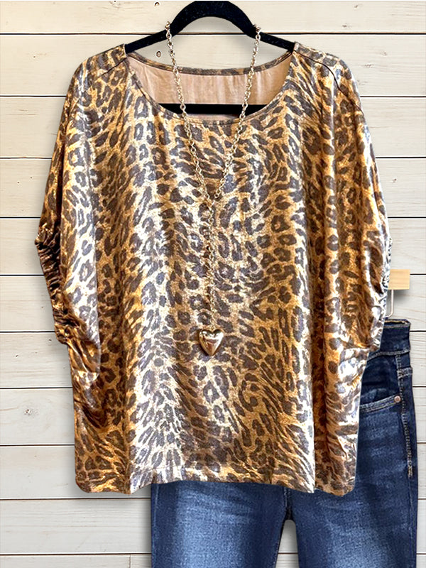 Shimmering Leopard Batwing Sleeve Blouse