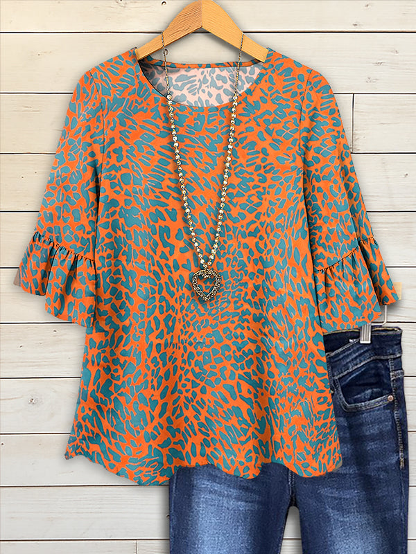 Orange-Teal Animal Print Bell Sleeve Blouse