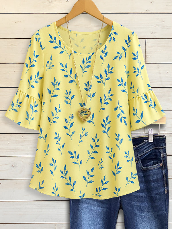 Leaf Print Ruffle Sleeve Blouse