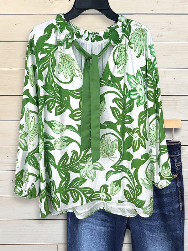 Botanical Tie-Neck Blouse