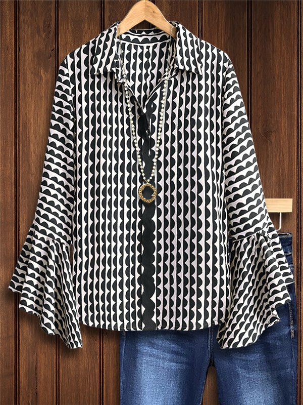 Monochrome Wave Bell Sleeve Shirt