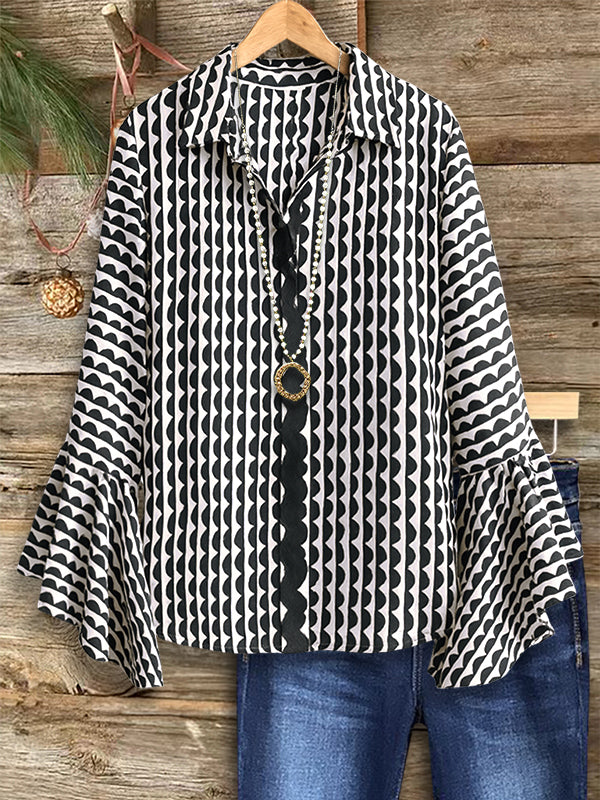 Monochrome Wave Bell Sleeve Shirt