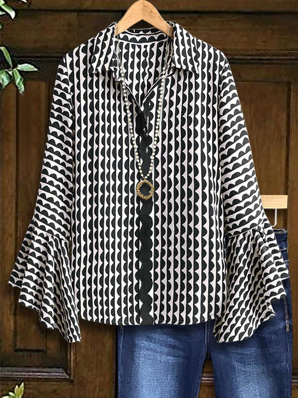 Monochrome Wave Bell Sleeve Shirt