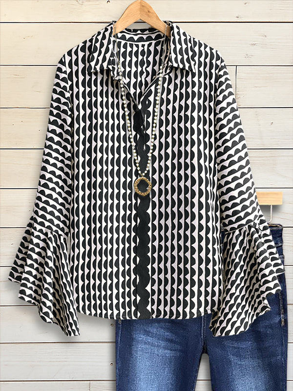 Monochrome Wave Bell Sleeve Shirt
