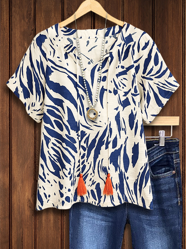 Indigo Breeze Tassel Tie Blouse