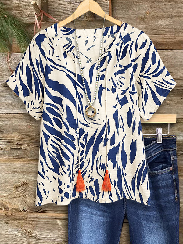 Indigo Breeze Tassel Tie Blouse
