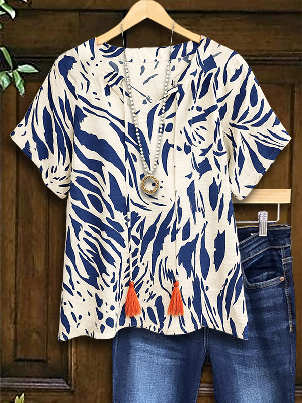 Indigo Breeze Tassel Tie Blouse