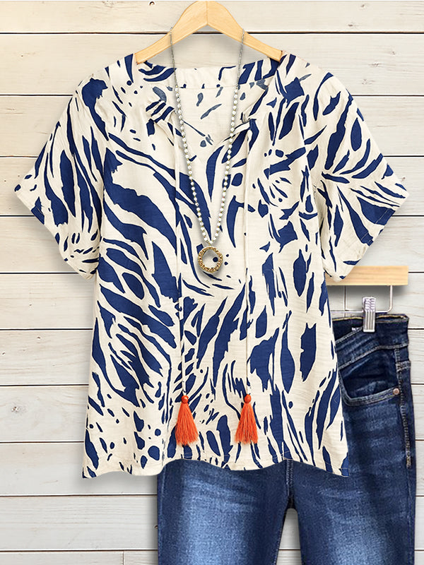 Indigo Breeze Tassel Tie Blouse