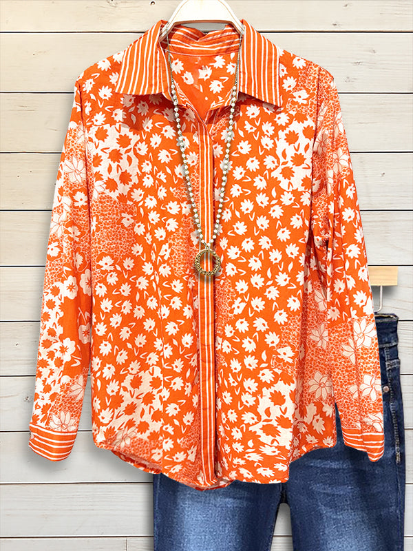 Sunburst Floral Stripe-Trim Shirt