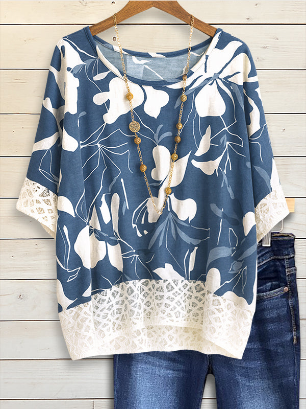 Blue Mist Abstract Print Lace-Trim Blouse