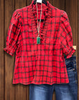 Scarlet Plaid Ruffled V-Neck Top