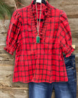 Scarlet Plaid Ruffled V-Neck Top