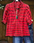 Scarlet Plaid Ruffled V-Neck Top