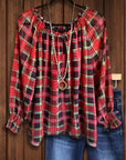 Red Plaid Ruffled Sleeve Blouse