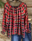 Red Plaid Ruffled Sleeve Blouse