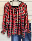 Red Plaid Ruffled Sleeve Blouse