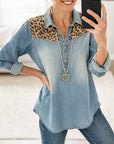 Leopard Patch Denim Collared Shirt
