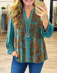 Turquoise Bloom V-Neck Velvet Blouse