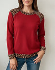Red Ribbed Leopard Trim Blouse
