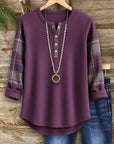 Plum Plaid Sleeve Henley Blouse