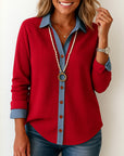 Red & Denim Contrast Button Blouse