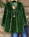 Emerald Velvet Leopard V-Neck Blouse