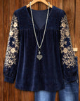 Navy Embroidered Velvet Top