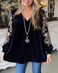Navy Embroidered Velvet Top