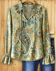 Olive Paisley Ruffle Blouse