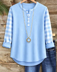 Cozy Ribbed Henley Plaid Sleeve Top