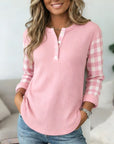 Cozy Ribbed Henley Plaid Sleeve Top