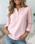 Pink Pinstripe Split-Neck Top
