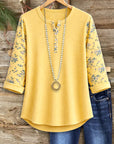 Sunshine Ribbed Floral Sleeve Split-Neck Top