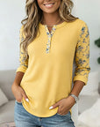 Sunshine Ribbed Floral Sleeve Split-Neck Top
