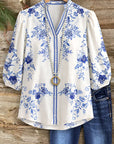Blue Bloom V-Neck Puff Sleeve Blouse