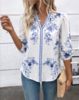 Blue Bloom V-Neck Puff Sleeve Blouse