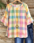 Sweet Pastel Plaid Ruffle Sleeve Top