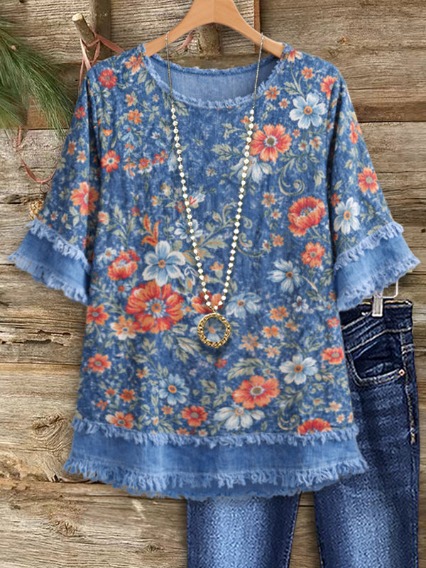 Vintage Floral Frayed Hem Top