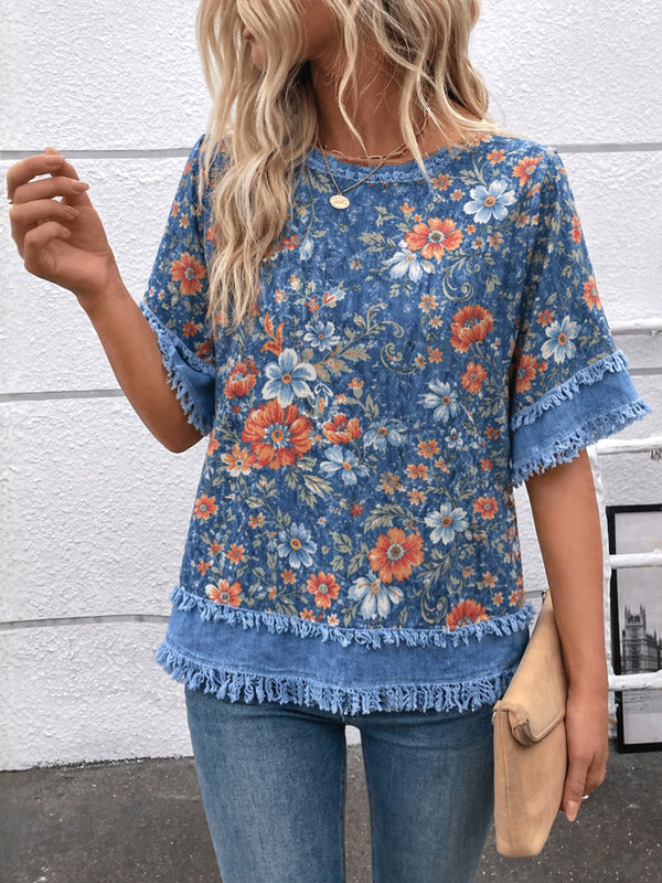 Vintage Floral Frayed Hem Top
