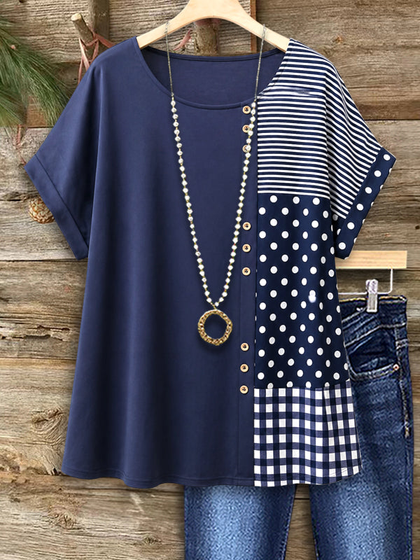 Navy Charm Mixed Print Button Accent Top