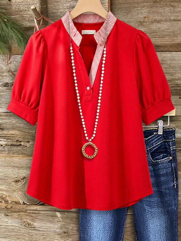Classic Red Puff Sleeve Henley Blouse