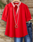 Classic Red Puff Sleeve Henley Blouse