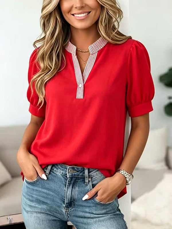 Classic Red Puff Sleeve Henley Blouse