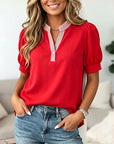 Classic Red Puff Sleeve Henley Blouse